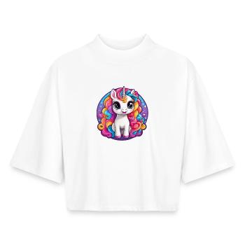 Licorne arc ciel rêveuse - T-shirt femme coupe boxy recyclé manches mi-longues Stanley/Stella - blanc - Devant - AI Model Female 172 dark (172cm)