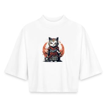 Chat guerrier Chat japonais Chat samouraï - T-shirt femme coupe boxy recyclé manches mi-longues Stanley/Stella - blanc - Devant - AI Model Female 172 dark (172cm)