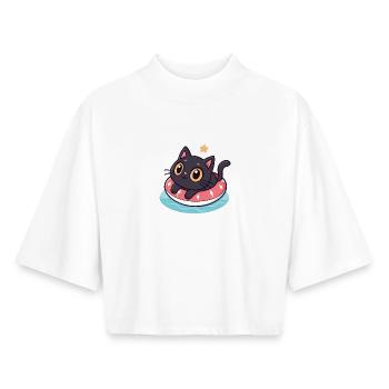 Chat kawaii sur boué rose - T-shirt femme coupe boxy recyclé manches mi-longues Stanley/Stella - blanc - Devant - AI Model Female 172 dark (172cm)