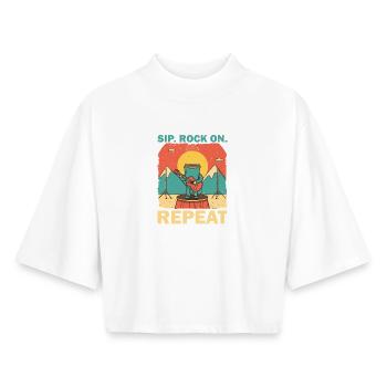Concert-style guitarist coffee mug - Boxy Women's Recycled 1/2 Sleeved T-Shirt by Stanley/Stella - white - Front - AI Model Female 172 dark (172cm)