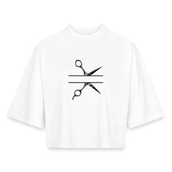 Texte bannière logo coiffeur, ciseaux - T-shirt femme coupe boxy recyclé manches mi-longues Stanley/Stella - blanc - Devant - AI Model Female 172 dark (172cm)