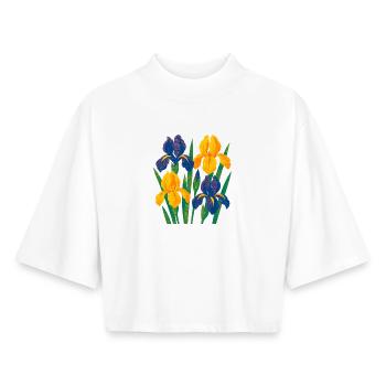 Harmonie d’iris : Fleurs dorées et indigo - T-shirt femme coupe boxy recyclé manches mi-longues Stanley/Stella - blanc - Devant - AI Model Female 172 dark (172cm)
