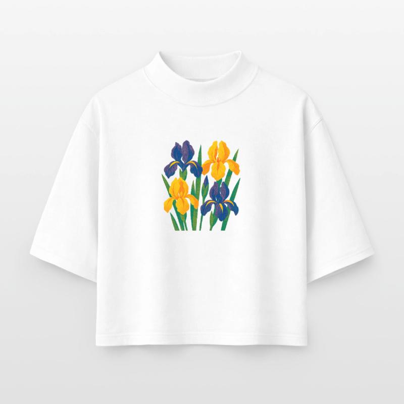 Harmonie d’iris : Fleurs dorées et indigo T-shirt femme coupe boxy recyclé manches mi-longues Stanley/Stella