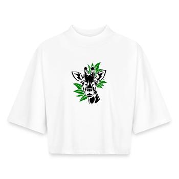 Girafe avec des feuilles en arrière-plan - T-shirt femme coupe boxy recyclé manches mi-longues Stanley/Stella - blanc - Devant - AI Model Female 172 dark (172cm)