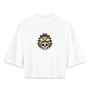 Crâne coloré avec couronne de plumes - T-shirt femme coupe boxy recyclé manches mi-longues Stanley/Stella - blanc - Devant - AI Model Female 172 dark (172cm)