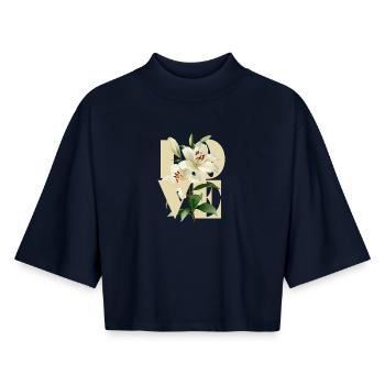 Elegantes weißes Lilien-Blumenmuster - Boxy Frauen Recyceltes 1/2 Sleeved T-Shirt by Stanley/Stella - Navy - Vorne - AI Model Female 172 light (172cm)
