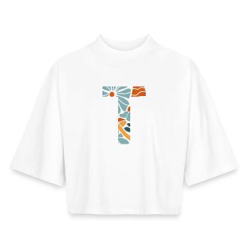 Lettre t fleurs groovy idée cadeau  - T-shirt femme coupe boxy recyclé manches mi-longues Stanley/Stella - blanc - Devant - AI Model Female 172 dark (172cm)