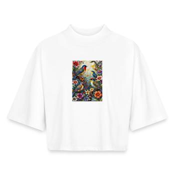 Vögel in floralem Glanz - Boxy Frauen Recyceltes 1/2 Sleeved T-Shirt by Stanley/Stella - Weiß - Vorne - AI Model Female 172 dark (172cm)
