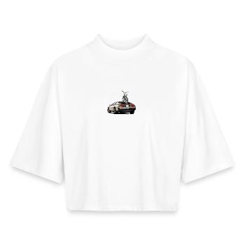 Delorean mit Oldschool 80er Jahre BMX auf dem Heck - Boxy Frauen Recyceltes 1/2 Sleeved T-Shirt by Stanley/Stella - Weiß - Vorne - AI Model Female 172 dark (172cm)