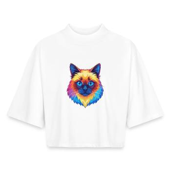 Birman Chat Race Dessin Animé Kawaii Animal Pet - T-shirt femme coupe boxy recyclé manches mi-longues Stanley/Stella - blanc - Devant - AI Model Female 172 dark (172cm)