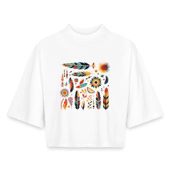 Motif de plumes et fleurs bohèmes - T-shirt femme coupe boxy recyclé manches mi-longues Stanley/Stella - blanc - Devant - AI Model Female 172 dark (172cm)