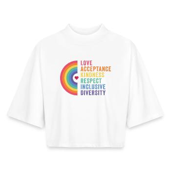 Mois de la fierté LGBT - Amour. Acceptation. Bonté. - T-shirt femme coupe boxy recyclé manches mi-longues Stanley/Stella - blanc - Devant - AI Model Female 172 dark (172cm)