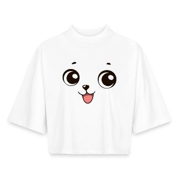 Visage Chien Kawaii Sourire Drôle - T-shirt femme coupe boxy recyclé manches mi-longues Stanley/Stella - blanc - Devant - AI Model Female 172 dark (172cm)