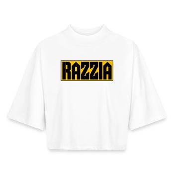 RAZZIA Typo Contrast Yellow Black - Boxy Women's Recycled 1/2 Sleeved T-Shirt by Stanley/Stella - white - Front - AI Model Female 172 dark (172cm)