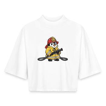 Cute Penguin Fire Brigade Rescuer Cartoon Helper Hero - Boxy Women's Recycled 1/2 Sleeved T-Shirt by Stanley/Stella - white - Front - AI Model Female 172 dark (172cm)