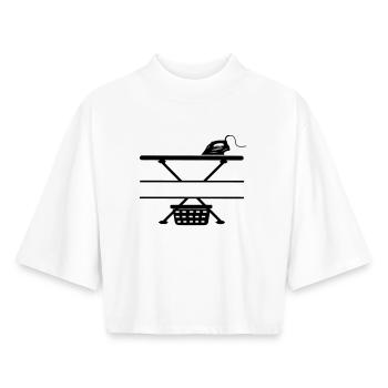 Iron, ironing board and laundry basket, text banner - Boxy Women's Recycled 1/2 Sleeved T-Shirt by Stanley/Stella - white - Front - AI Model Female 172 dark (172cm)