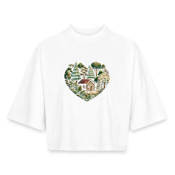 Vivre près de la nature avec une petite maison en forêt - T-shirt femme coupe boxy recyclé manches mi-longues Stanley/Stella - blanc - Devant - AI Model Female 172 dark (172cm)