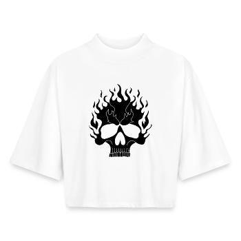 Black Flaming Skull - Boxy Women's Recycled 1/2 Sleeved T-Shirt by Stanley/Stella - white - Front - AI Model Female 172 dark (172cm)