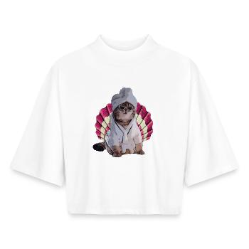 chat cool dans le spa - T-shirt femme coupe boxy recyclé manches mi-longues Stanley/Stella - blanc - Devant - AI Model Female 172 dark (172cm)