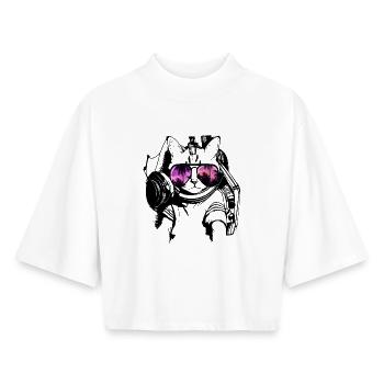 chat cool chaton DJ avecsunglassessunglasses - T-shirt femme coupe boxy recyclé manches mi-longues Stanley/Stella - blanc - Devant - AI Model Female 172 dark (172cm)