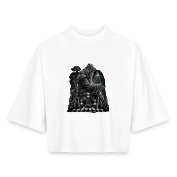 Maître d’échecs dans le jeu - T-shirt femme coupe boxy recyclé manches mi-longues Stanley/Stella - blanc - Devant - AI Model Female 172 dark (172cm)