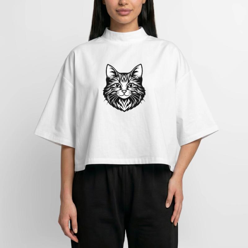 Illustration complexe de visage de chat T-shirt femme coupe boxy recyclé manches mi-longues Stanley/Stella