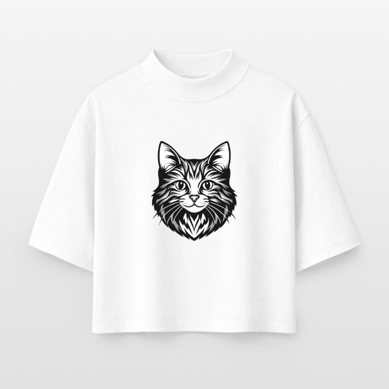 Illustration complexe de visage de chat T-shirt femme coupe boxy recyclé manches mi-longues Stanley/Stella