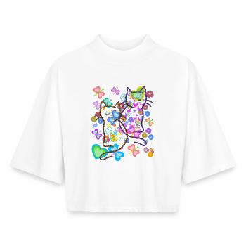 Chats Printemps Eté Chat Enfants Coeur des années 80 90 - T-shirt femme coupe boxy recyclé manches mi-longues Stanley/Stella - blanc - Devant - AI Model Female 172 dark (172cm)