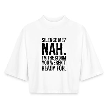 fais-moi taire non je suis la tempête tu n’étais pas prêt - T-shirt femme coupe boxy recyclé manches mi-longues Stanley/Stella - blanc - Devant - AI Model Female 172 dark (172cm)