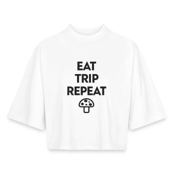 Eat Trip Repeat - Drôle de dicton de champignon - T-shirt femme coupe boxy recyclé manches mi-longues Stanley/Stella - blanc - Devant - AI Model Female 172 dark (172cm)