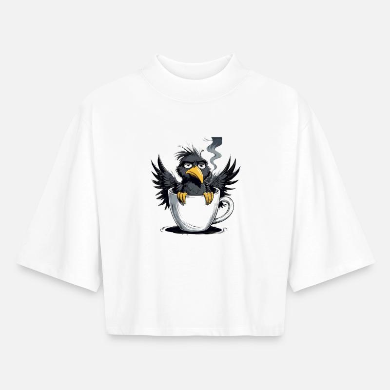 Mattina brontolone caffè senza desiderio corvo cattivo umore - T-shirt donna boxy riciclata a maniche a mezza lunghezza di Stanley/Stella - bianco
