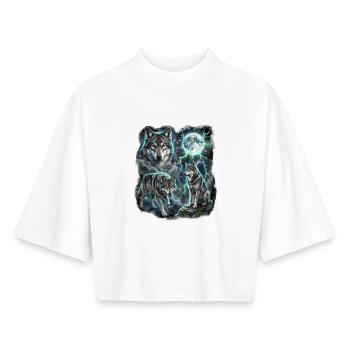 TROIS loups sauvages avec des motifs de faune lunaire - T-shirt femme coupe boxy recyclé manches mi-longues Stanley/Stella - blanc - Devant - AI Model Female 172 dark (172cm)