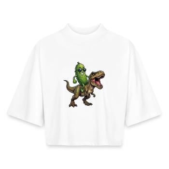 Un concombre aigre chevauche un dinosaure - T-shirt femme coupe boxy recyclé manches mi-longues Stanley/Stella - blanc - Devant - AI Model Female 172 dark (172cm)