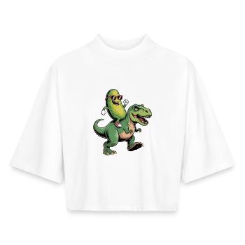Un concombre aigre chevauche un dinosaure - T-shirt femme coupe boxy recyclé manches mi-longues Stanley/Stella - blanc - Devant - AI Model Female 172 dark (172cm)
