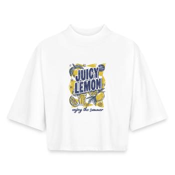 Motif d’agrumes citron juteux d’été - T-shirt femme coupe boxy recyclé manches mi-longues Stanley/Stella - blanc - Devant - AI Model Female 172 dark (172cm)