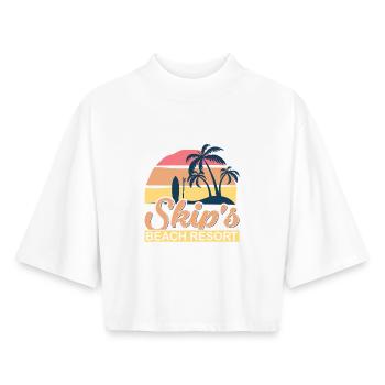 Vacances d’été tropicales à la station balnéaire de Skip’s - T-shirt femme coupe boxy recyclé manches mi-longues Stanley/Stella - blanc - Devant - AI Model Female 172 dark (172cm)