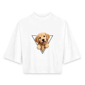 Chien chiot dans un cadre triangulaire - T-shirt femme coupe boxy recyclé manches mi-longues Stanley/Stella - blanc - Devant - AI Model Female 172 dark (172cm)