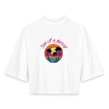 Soleil d’une plage Art | Décor rétro de coucher de soleil estival - T-shirt femme coupe boxy recyclé manches mi-longues Stanley/Stella - blanc - Devant - AI Model Female 172 dark (172cm)
