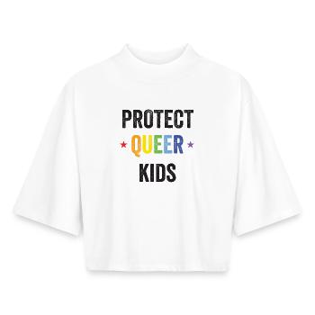 Mois de la fierté LGBT - Protégez les enfants queer - T-shirt femme coupe boxy recyclé manches mi-longues Stanley/Stella - blanc - Devant - AI Model Female 172 dark (172cm)