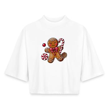Joyeux bonhomme en pain d’épice avec canne à sucre - T-shirt femme coupe boxy recyclé manches mi-longues Stanley/Stella - blanc - Devant - AI Model Female 172 dark (172cm)