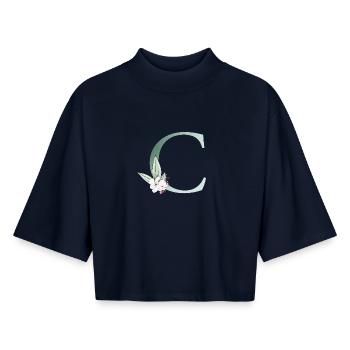 C Monogramme, Floral, Personnalisable - T-shirt femme coupe boxy recyclé manches mi-longues Stanley/Stella - marine - Devant - AI Model Female 172 light (172cm)