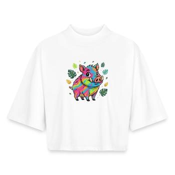 Regenbogen Schwein mit Herbstlaub - Boxy Frauen Recyceltes 1/2 Sleeved T-Shirt by Stanley/Stella - Weiß - Vorne - AI Model Female 172 dark (172cm)