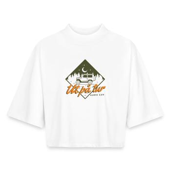 En voyage, ne jamais s'arrêter – Conception de camping norvégienne - T-shirt femme coupe boxy recyclé manches mi-longues Stanley/Stella - blanc - Devant - AI Model Female 172 dark (172cm)
