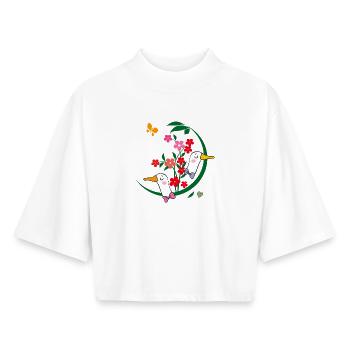 Geese with flowers - Boxy Women's Recycled 1/2 Sleeved T-Shirt by Stanley/Stella - white - Front - AI Model Female 172 dark (172cm)
