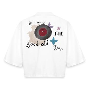Disques vinyles rétro look vintage - T-shirt femme coupe boxy recyclé manches mi-longues Stanley/Stella - blanc - Dos - AI Model Female 172 dark (172cm)