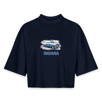 Havane Oldtimer / Cadeau Caraïbes Havana Cuba - T-shirt femme coupe boxy recyclé manches mi-longues Stanley/Stella - marine - Devant - AI Model Female 172 light (172cm)