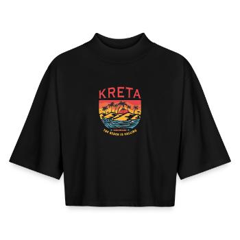 Crète Grèce Beach Design - T-shirt femme coupe boxy recyclé manches mi-longues Stanley/Stella - noir - Devant - AI Model Female 172 light (172cm)
