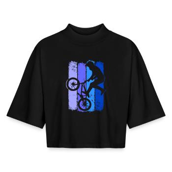 Bmx Retro | Bmx Fahrrad Fahrer Blau | Bmx Bike - Boxy Frauen Recyceltes 1/2 Sleeved T-Shirt by Stanley/Stella - Schwarz - Vorne - AI Model Female 172 light (172cm)