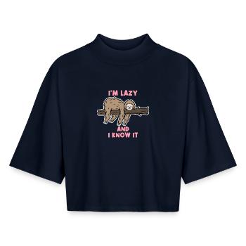 Animal Sleeping Statement Paresseux habitants de la jungle - T-shirt femme coupe boxy recyclé manches mi-longues Stanley/Stella - marine - Devant - AI Model Female 172 light (172cm)