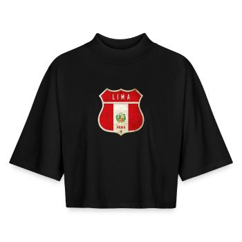 Lima Peru coat of arms flag design - Boxy Women's Recycled 1/2 Sleeved T-Shirt by Stanley/Stella - black - Front - AI Model Female 172 light (172cm)